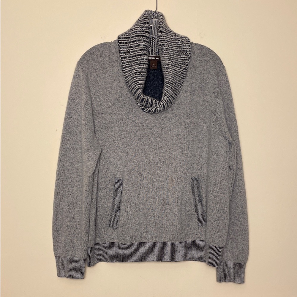 Gray Navy Cowl Neck 100% Cashmere Pullover Sweater Front Pocket Pouch MXL